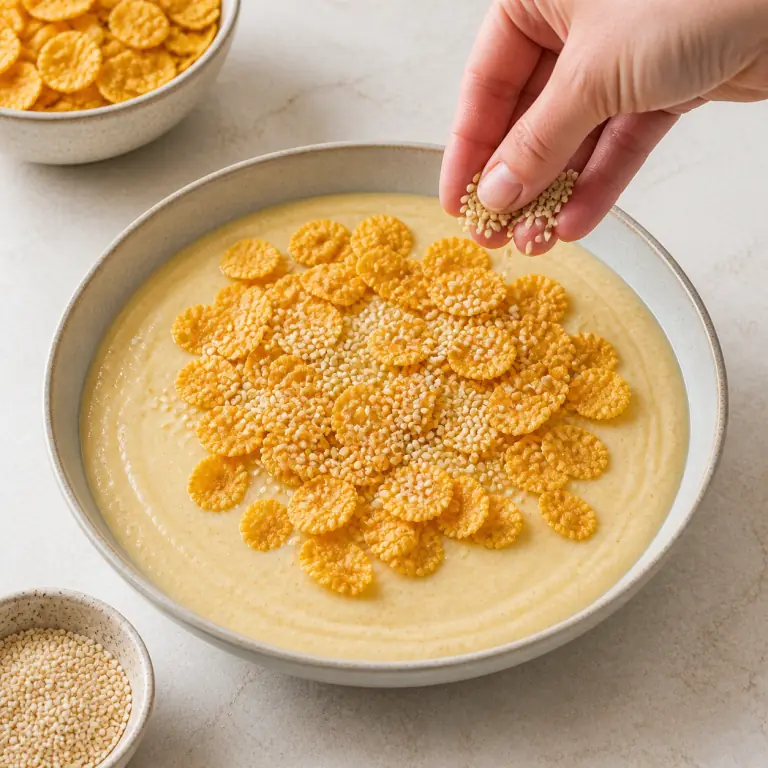 Un smoothie bowl banane-soja très épais et lisse, garni uniquement de corn flakes croustillants et de graines de sésame, sans rondelles de banane ni autre fruit.