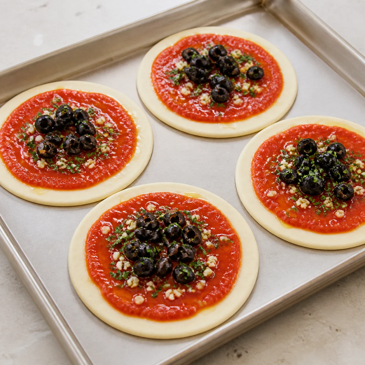 Disques de pâte feuilletée crue sur une plaque de four, chacun recouvert d'un rond de sauce tomate rouge avec un bord de pâte libre, éclats d'ail et de persil haché posés dessus, morceaux d'olive noire au centre de chaque disque, aucune main, aucun texte, aucune marque.