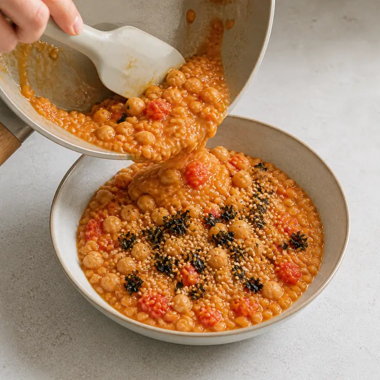 Un bol final de dhal tomate nori avec légumes, pois chiches, nori et sésame.