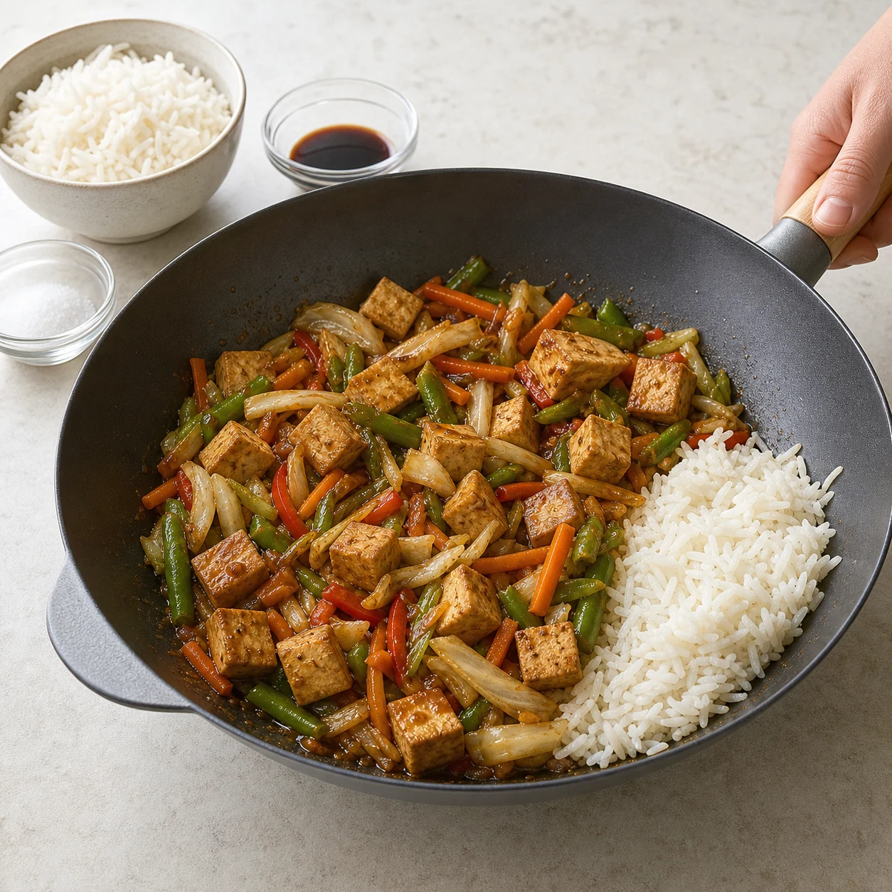 Tofu wok soja-sucré — ajouter wok et sauce
