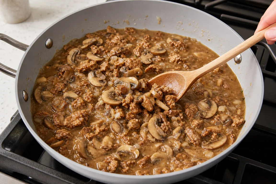 Illustration de l’étape « Étape 4 » pour la recette Polenta avec Rich Mushroom Gravy.