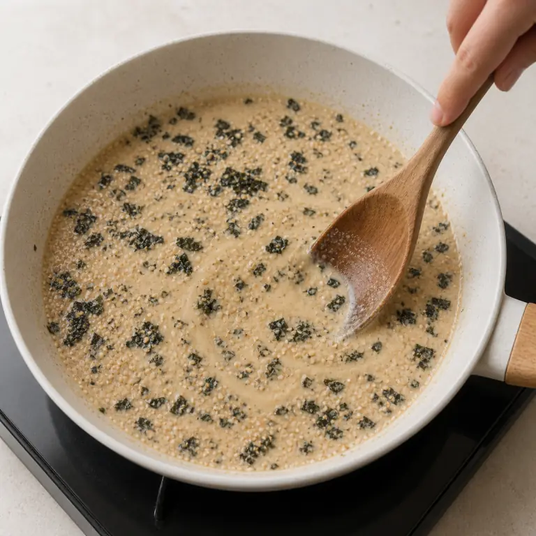 Une sauce végétale crémeuse avec paillettes de nori et graines de sésame.