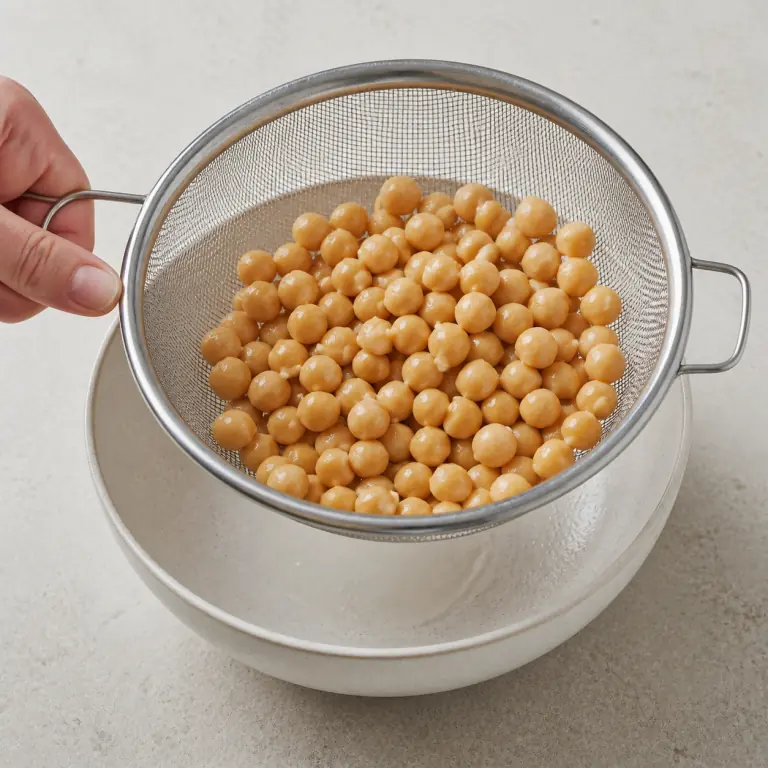 Des pois chiches rincés dans une passoire fine.