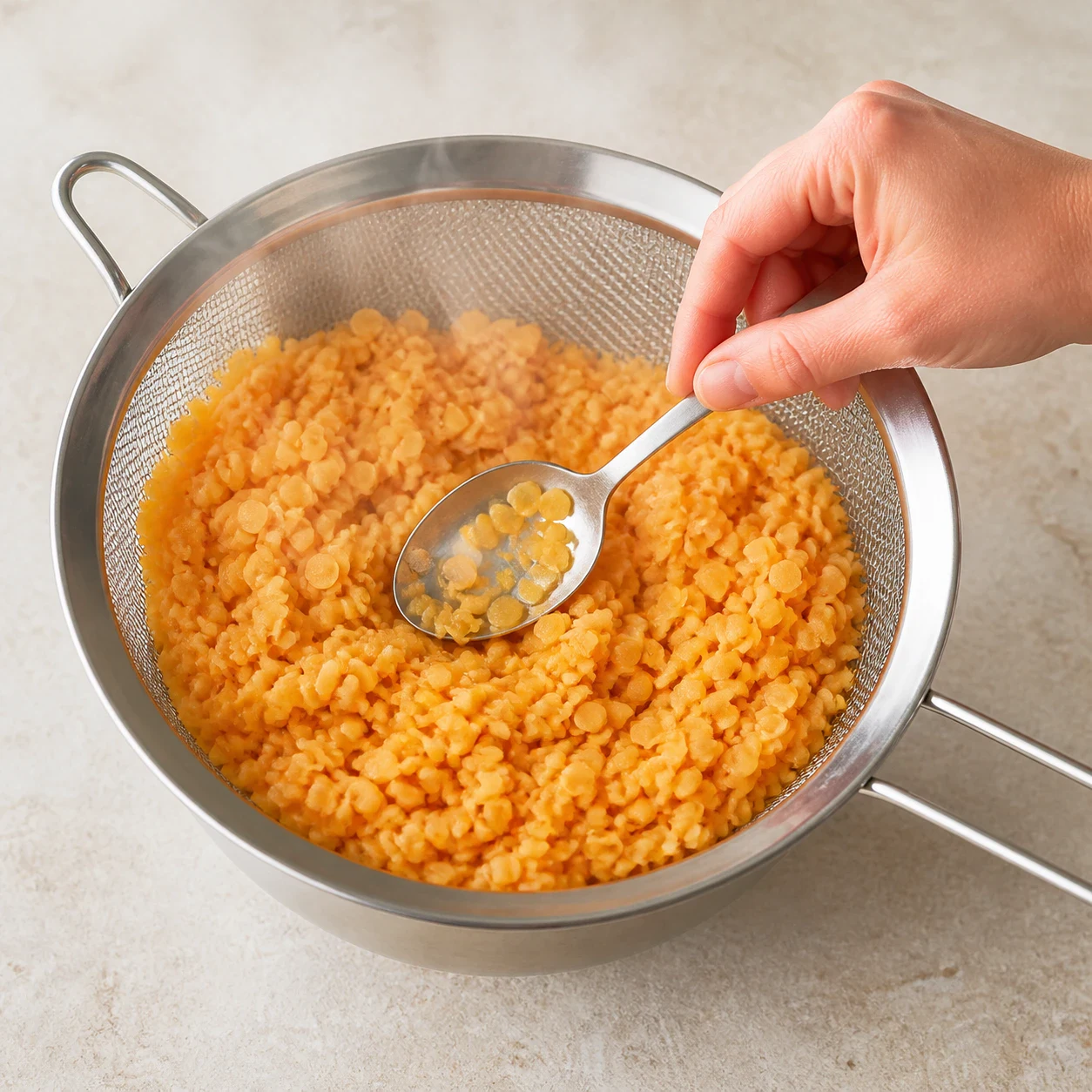 Lentilles corail cuites, orange pâle et éclatées, égouttées dans une passoire métallique posée sur un plan de travail en pierre claire, vapeur légère. Aucun autre ingrédient, aucune main, aucun texte.