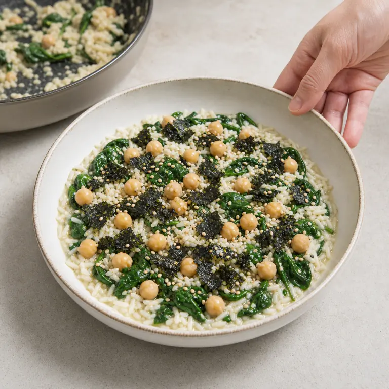 Un bol final de riz épinards sésame nori avec légumes, pois chiches, nori et sésame.