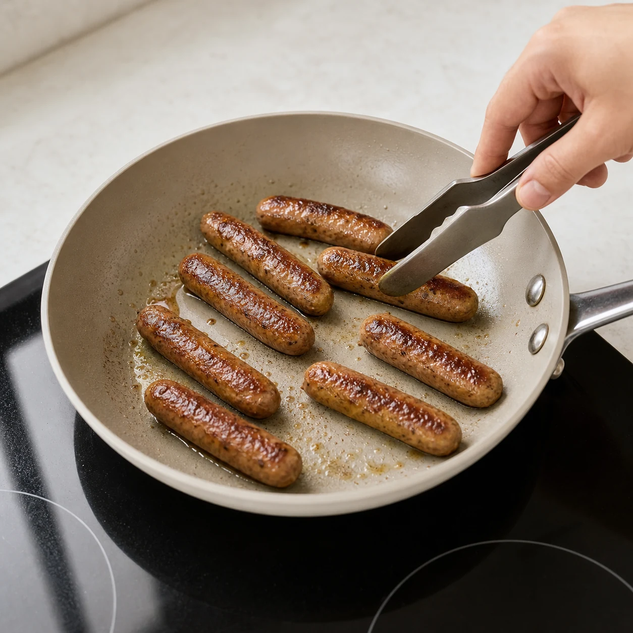 Chipolatas-purée express — poêler les chipolatas