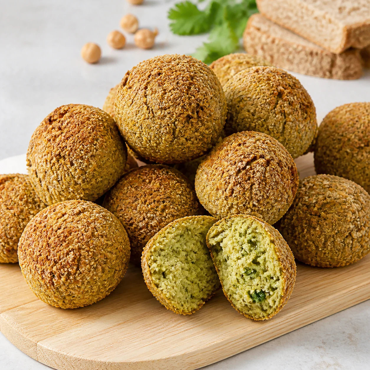 Falafels ronds dorés à croûte de pain complet granuleuse, posés en tas sur une planche en bois claire, un falafel ouvert montrant un cœur vert clair moucheté de coriandre. Aucune sauce, aucune main, aucun texte, aucune marque.