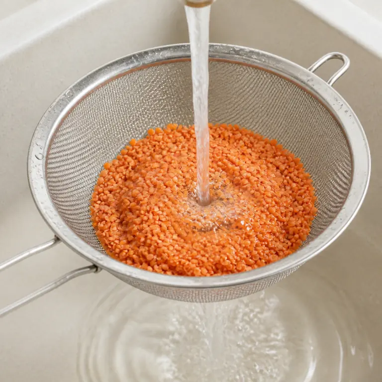 Gros plan pédagogique du geste en cours : verse 90 g de lentilles corail dans une passoire fine et rince-les jusqu'à ce que l'eau soit claire. Montrer uniquement cet ingrédient et l'ustensile nécessaire.