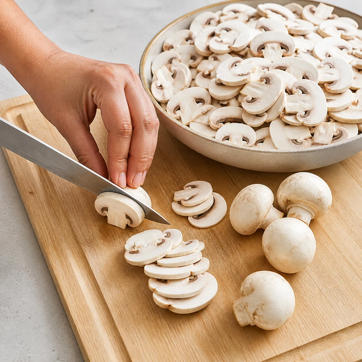 Champignons de Paris coupés en rondelles régulières étalés sur une planche en bois claire, quelques champignons entiers posés à côté, couteau de chef sur le bord, aucun texte, aucune marque.
