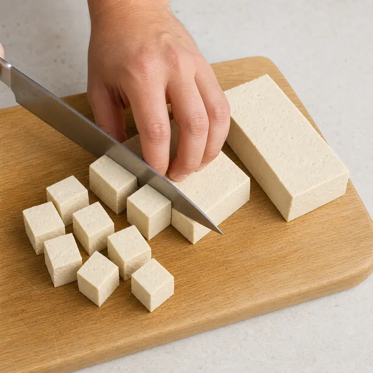 Gros plan pédagogique d'une main adulte qui égoutte et éponge 180 g de tofu, puis coupe-le en cubes réguliers de 2 cm avec les doigts repliés en griffe, avec lame visible, doigts en griffe, portion intacte et morceaux finis de taille lisible. Aucun autre aliment sur la planche.