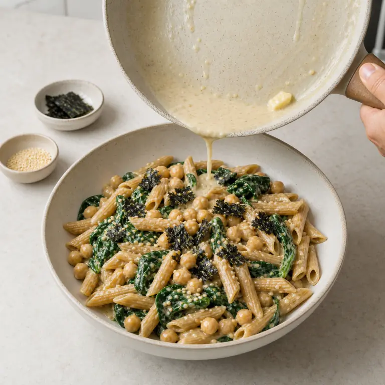 Un bol final de pâtes pois chiches épinards avec légumes, pois chiches, nori et sésame.