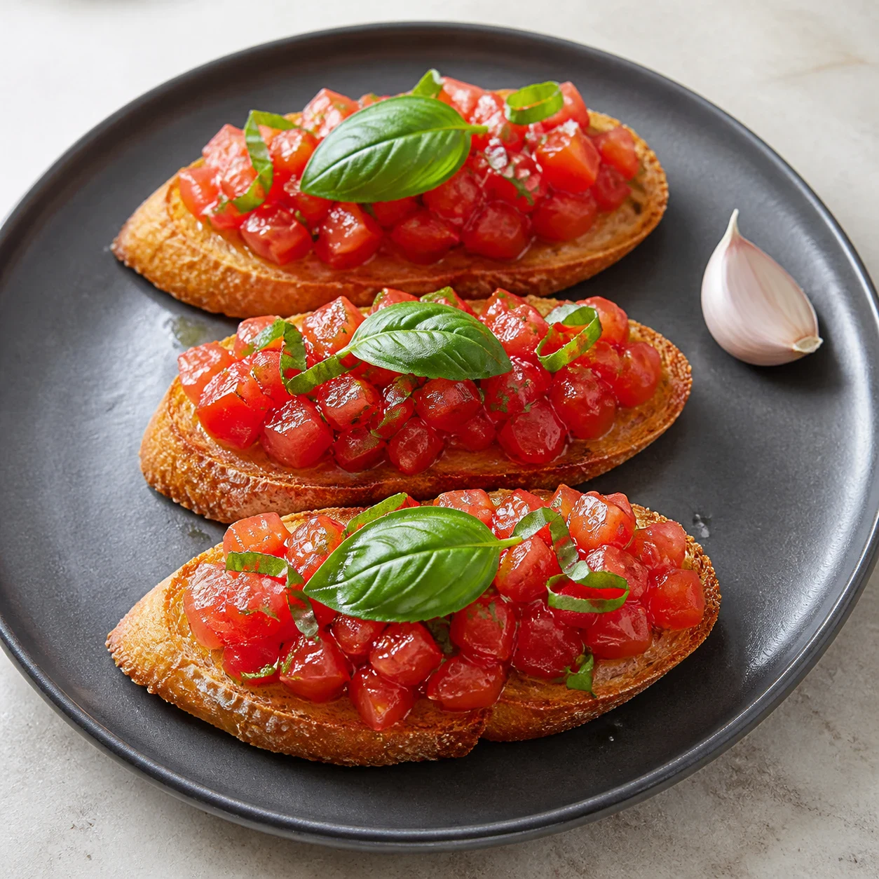 Trois tranches de baguette grillée alignées sur une assiette sombre, couvertes de dés de tomate rouge brillants d'huile d'olive, parsemées de lanières de basilic et d'une feuille entière, cristaux de fleur de sel visibles, une demi-gousse d'ail posée au bord de l'assiette, aucun fromage, aucun autre ingrédient, aucun texte, aucune marque.