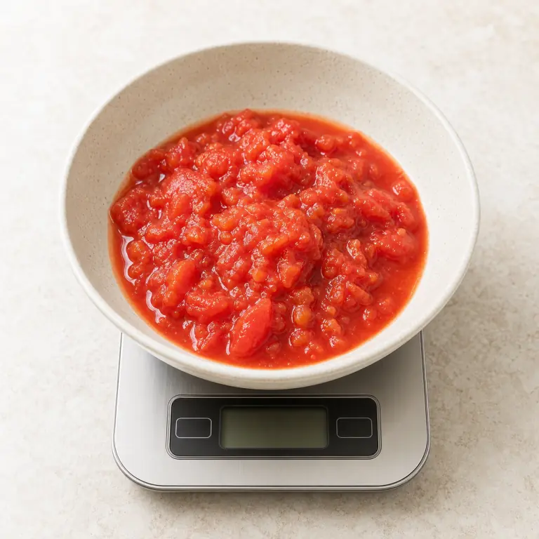 Gros plan pédagogique du geste en cours : mesure 200 g de tomate concassée ; elle est déjà découpée et ne doit pas être recoupée. Montrer uniquement cet ingrédient et l'ustensile nécessaire.