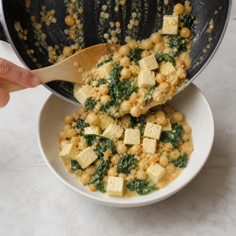 Un bol final de dhal tofu épinards avec légumes, pois chiches, nori et sésame.