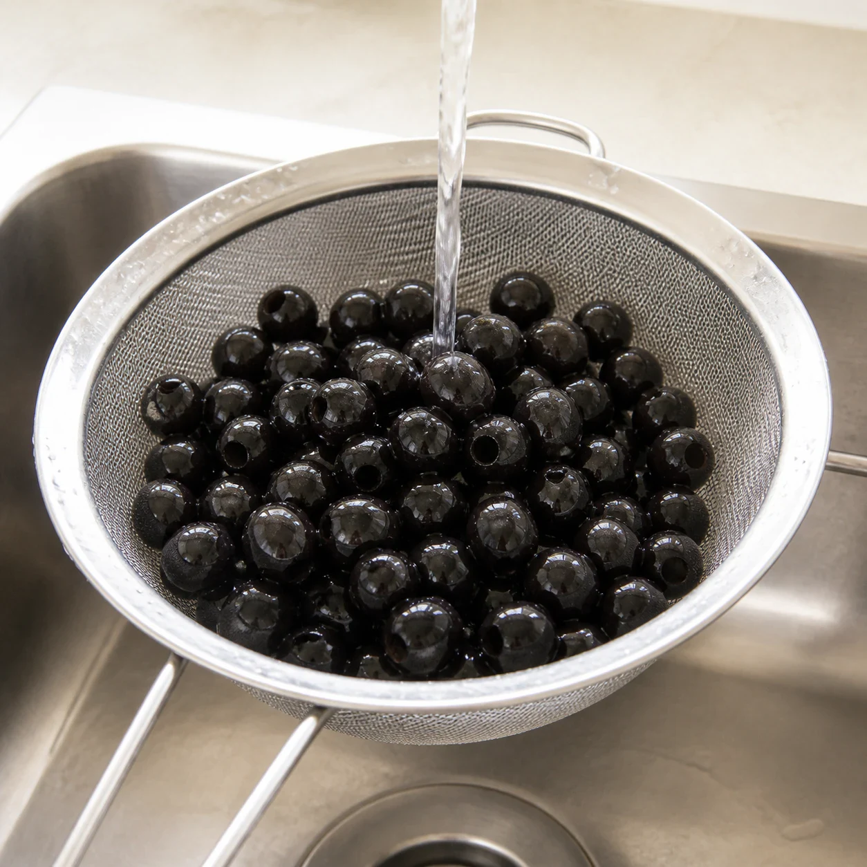Olives noires dénoyautées entières dans une passoire métallique posée au-dessus d'un évier, gouttes d'eau sur les olives, aucun autre ingrédient, aucune main, aucun texte, aucune marque.