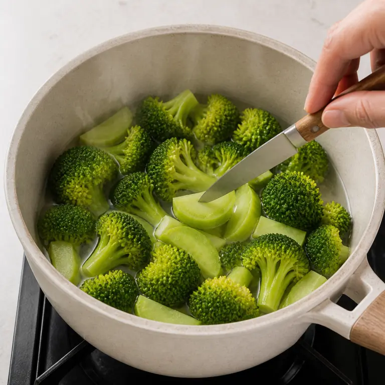 Gros plan pédagogique de fais cuire les fleurettes et demi-rondelles de tige de 180 g de brocoli jusqu'à ce qu'elles soient vert vif et tendres sous la pointe du couteau. Montrer le récipient exact, une main adulte avec l'ustensile adapté et la couleur ou texture qui prouve la cuisson. Aucun autre aliment ne doit masquer le résultat.