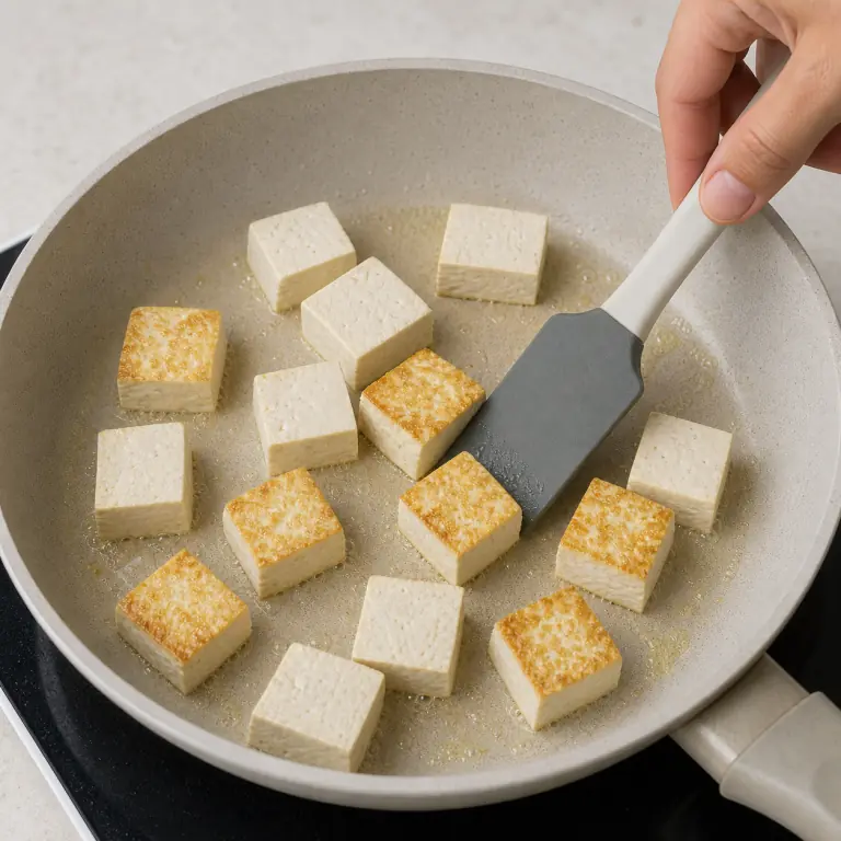 Gros plan pédagogique de fais dorer les cubes de 180 g de tofu dans une poêle chaude et retourne-les seulement quand la face du dessous est dorée. Montrer le récipient exact, une main adulte avec l'ustensile adapté et la couleur ou texture qui prouve la cuisson. Aucun autre aliment ne doit masquer le résultat.