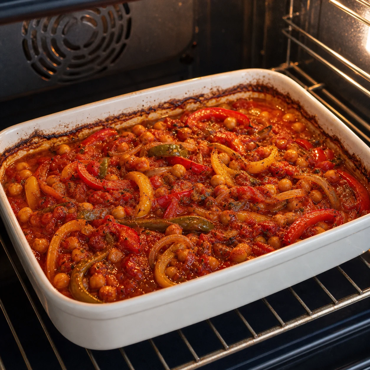 Plat à gratin dans un four à 180 °C, mélange en cours de cuisson, sauce frémissante et bords commençant à rôtir.