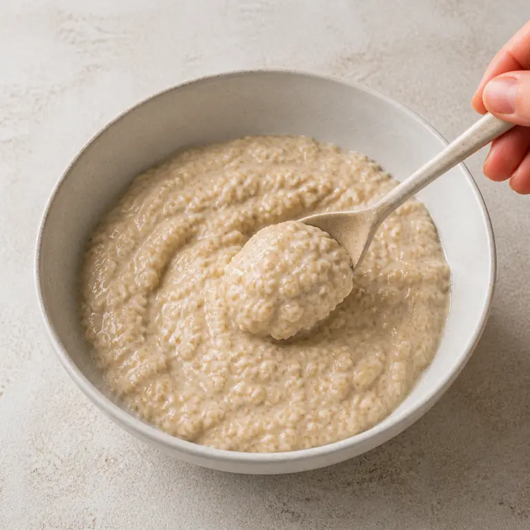 Un porridge d'avoine épais et homogène dans un bol clair.