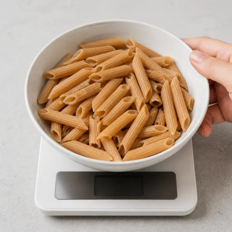 Gros plan pédagogique du geste en cours : pèse 100 g de pâtes complètes et garde-les sèches dans un bol. Montrer uniquement cet ingrédient et l'ustensile nécessaire.