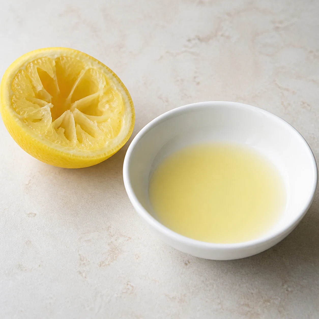 Un demi-citron pressé posé à côté d'un petit bol blanc contenant un fond de jus de citron jaune clair, sur un plan de travail clair, aucune main, aucun texte, aucune marque.