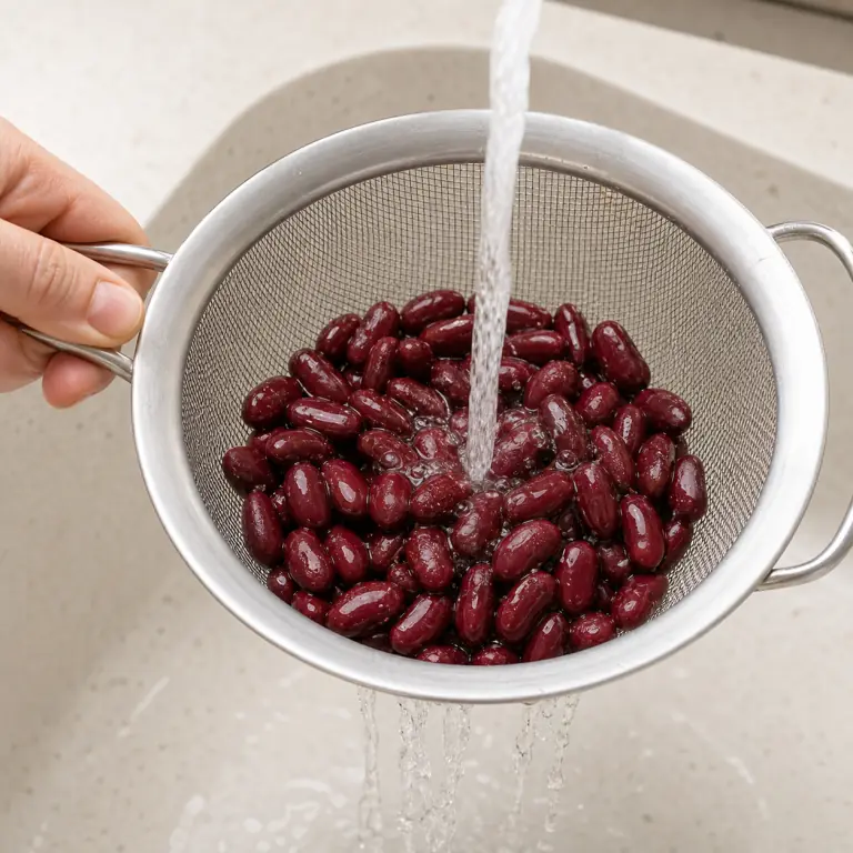 Gros plan pédagogique du geste en cours : égoutte et rince 80 g de haricots rouges sans les écraser. Montrer uniquement cet ingrédient et l'ustensile nécessaire.