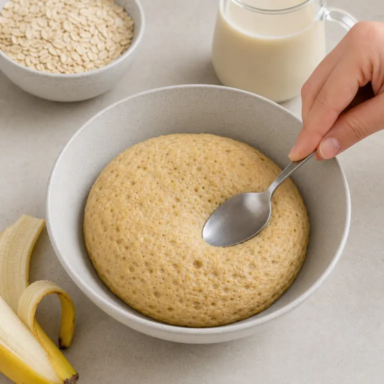 Un pancake bowl cuit, doré pâle et moelleux, encore sans garniture.
