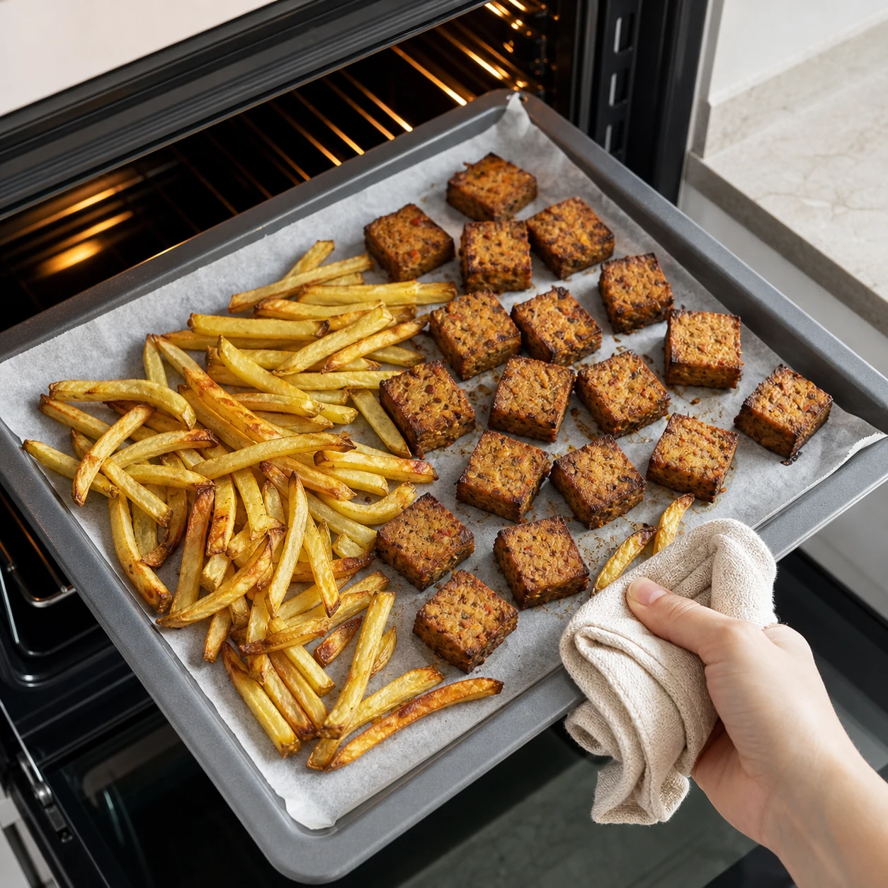 Seitan-frites-salade — cuire au four