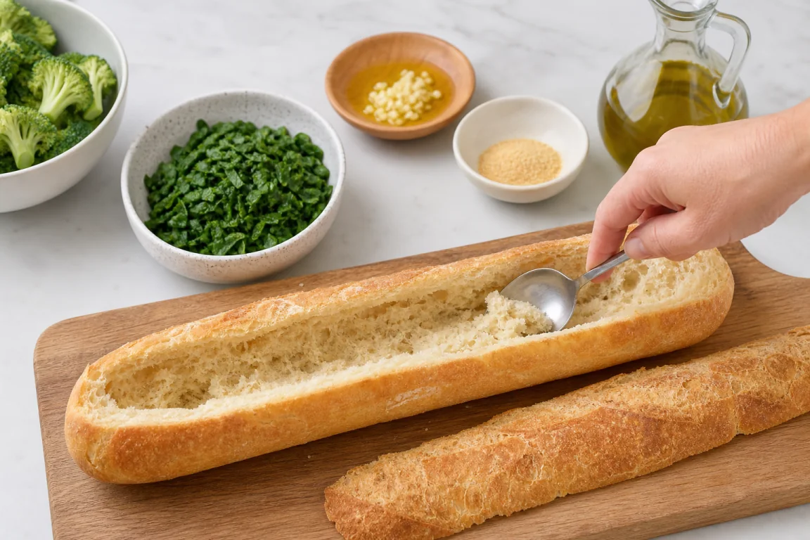 Illustration de l’étape « Étape 7 » pour la recette Brocoli Épinards farcis Baguette.