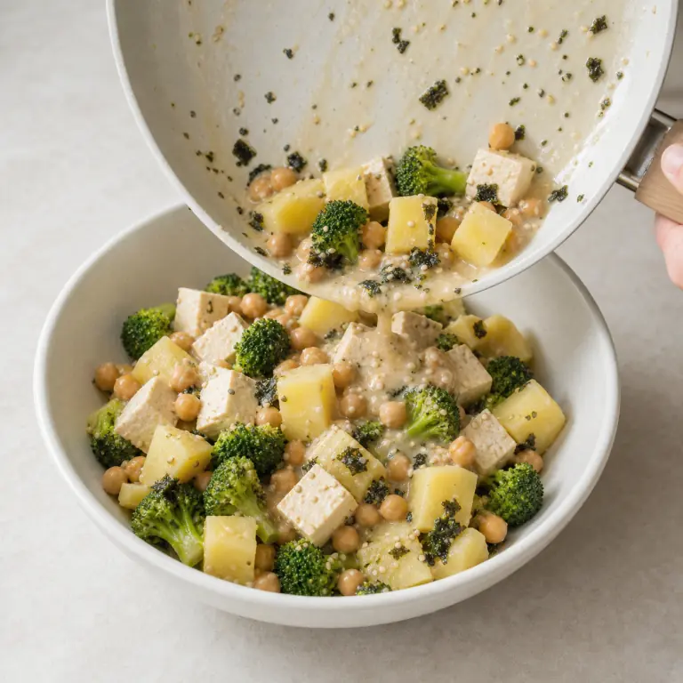 Un bol final de brocoli pommes de terre tofu avec légumes, pois chiches, nori et sésame.