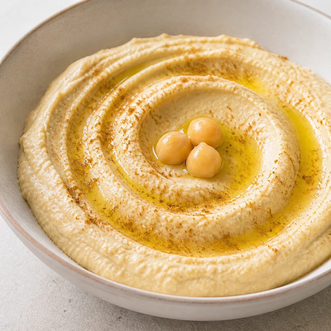 Houmous crémeux beige clair dressé dans un bol creux, surface lissée en spirale, trois pois chiches entiers au centre, cumin moulu saupoudré en fine poudre brune et filet d'huile d'olive dans le creux, gros plan. Aucune graine entière, aucun paprika, aucune main, aucun texte, aucune marque.