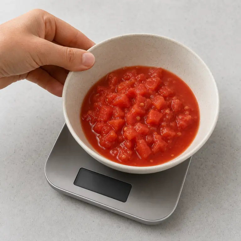 Gros plan pédagogique du geste en cours : mesure 200 g de tomate concassée ; elle est déjà découpée et ne doit pas être recoupée. Montrer uniquement cet ingrédient et l'ustensile nécessaire.