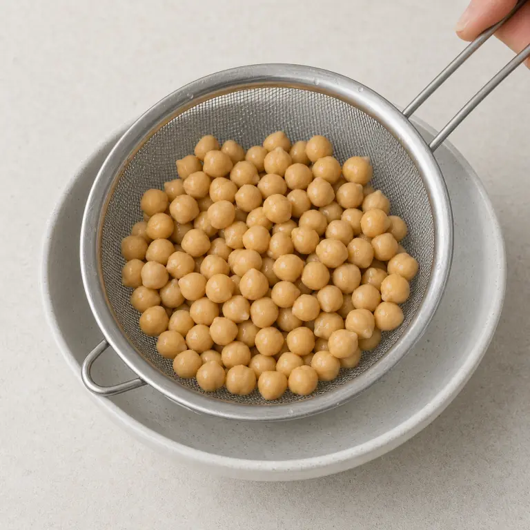 Des pois chiches rincés dans une passoire fine.