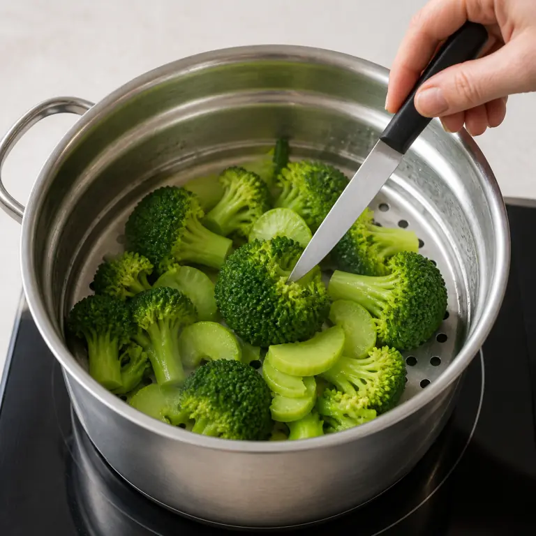 Gros plan pédagogique de fais cuire les fleurettes et demi-rondelles de tige de 180 g de brocoli jusqu'à ce qu'elles soient vert vif et tendres sous la pointe du couteau. Montrer le récipient exact, une main adulte avec l'ustensile adapté et la couleur ou texture qui prouve la cuisson. Aucun autre aliment ne doit masquer le résultat.