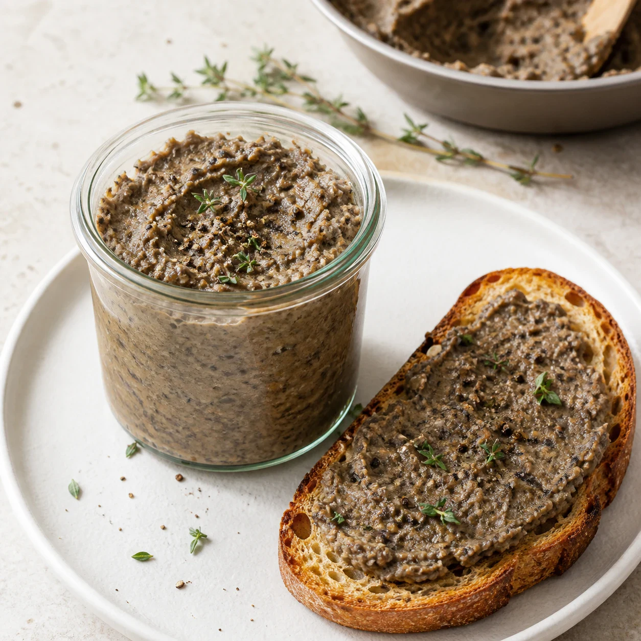 Rillettes de champignons brun grisé à texture granuleuse tassées dans un petit bocal en verre droit, feuilles de thym frais posées dessus et points de poivre noir moulu visibles, une tranche de pain grillé tartinée à côté sur une assiette claire, gros plan. Aucune figue, aucun fruit, aucun cube de matière grasse jaune, aucun texte, aucune marque.