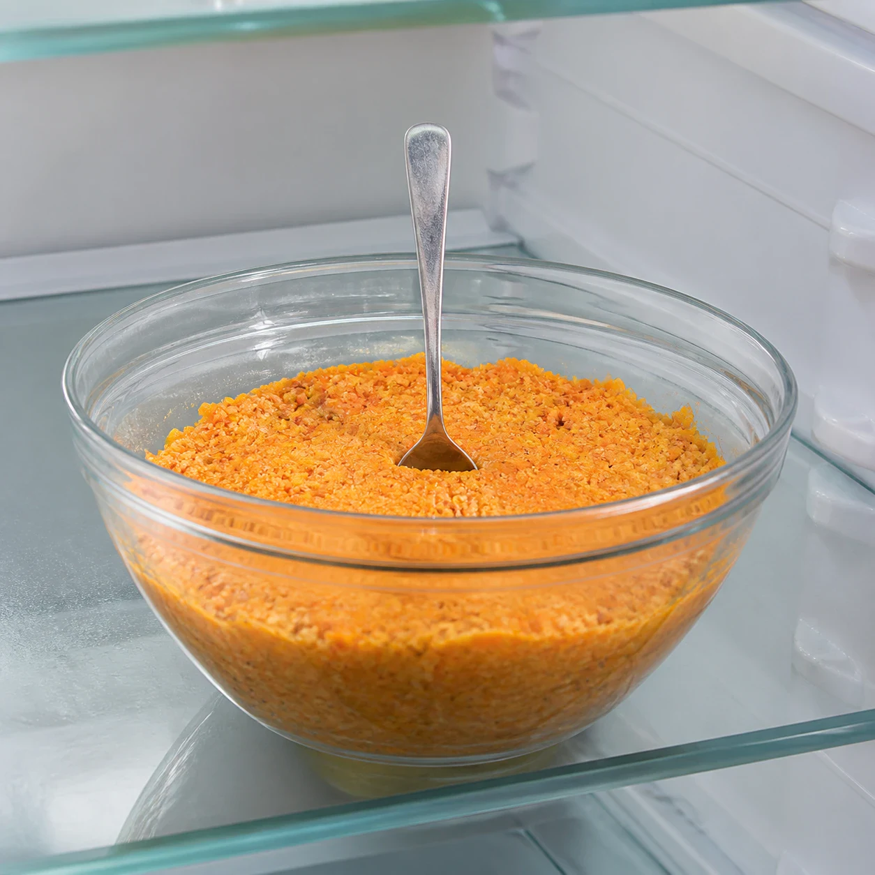 Saladier en verre rempli d'une farce orange compacte de lentilles corail et carottes râpées, surface lissée à la cuillère, posé sur une étagère de réfrigérateur. Aucune main, aucun texte, aucune marque.