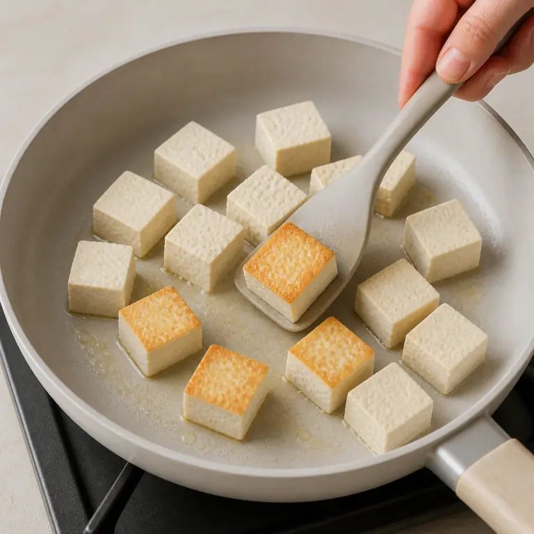 Gros plan pédagogique de fais dorer les cubes de 180 g de tofu dans une poêle chaude et retourne-les seulement quand la face du dessous est dorée. Montrer le récipient exact, une main adulte avec l'ustensile adapté et la couleur ou texture qui prouve la cuisson. Aucun autre aliment ne doit masquer le résultat.