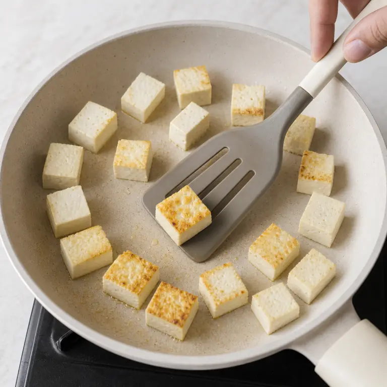 Gros plan pédagogique de fais dorer les cubes de 180 g de tofu dans une poêle chaude et retourne-les seulement quand la face du dessous est dorée. Montrer le récipient exact, une main adulte avec l'ustensile adapté et la couleur ou texture qui prouve la cuisson. Aucun autre aliment ne doit masquer le résultat.