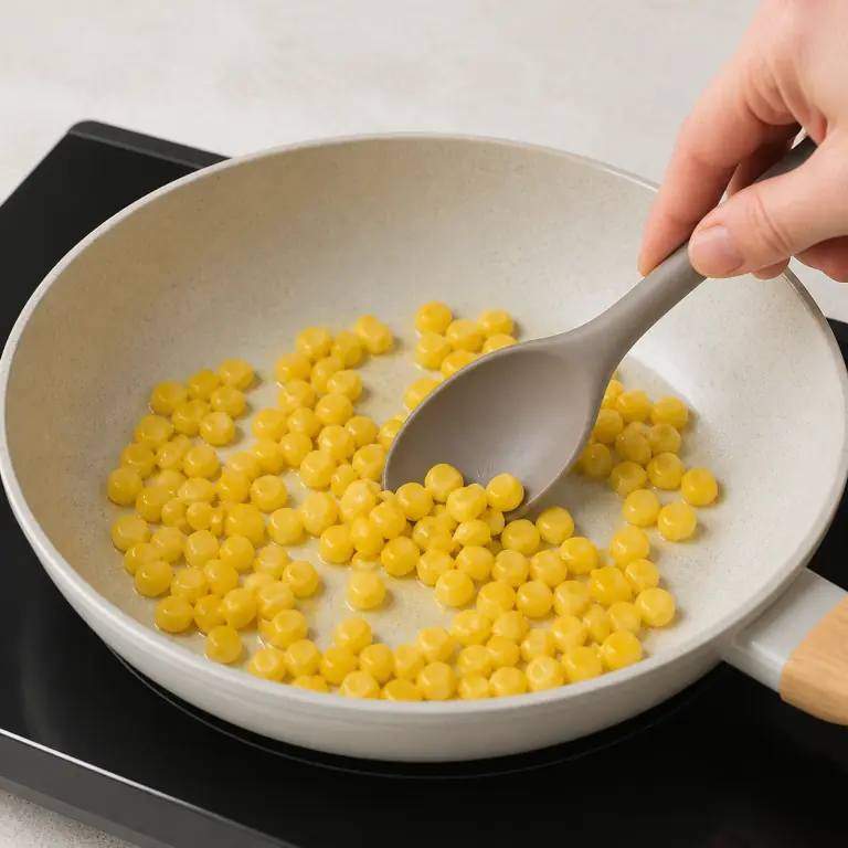 Gros plan pédagogique de réchauffe 40 g de maïs égoutté juste assez pour qu'il soit chaud sans se dessécher. Montrer le récipient exact, une main adulte avec l'ustensile adapté et la couleur ou texture qui prouve la cuisson. Aucun autre aliment ne doit masquer le résultat.