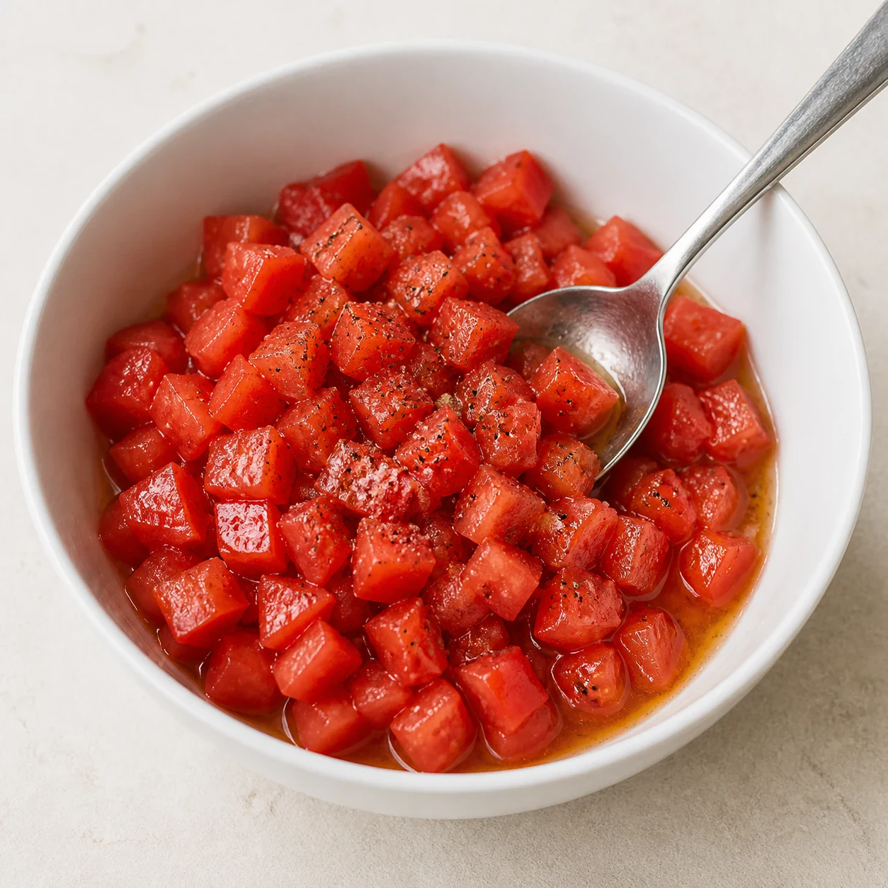 Bol en céramique blanche contenant des dés de tomate rouge brillants d'huile d'olive, poivre noir moulu et sel fin visibles en surface, cuillère posée dans le bol, aucun autre ingrédient, aucun texte, aucune marque.