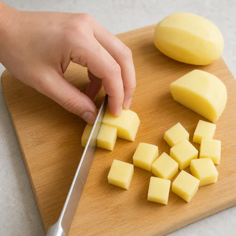 Gros plan pédagogique d'une main adulte qui épluche 250 g de pommes de terre, stabilise chaque pomme de terre sur une face plate puis coupe-la en cubes réguliers de 2 cm, avec lame visible, doigts en griffe, portion intacte et morceaux finis de taille lisible. Aucun autre aliment sur la planche.