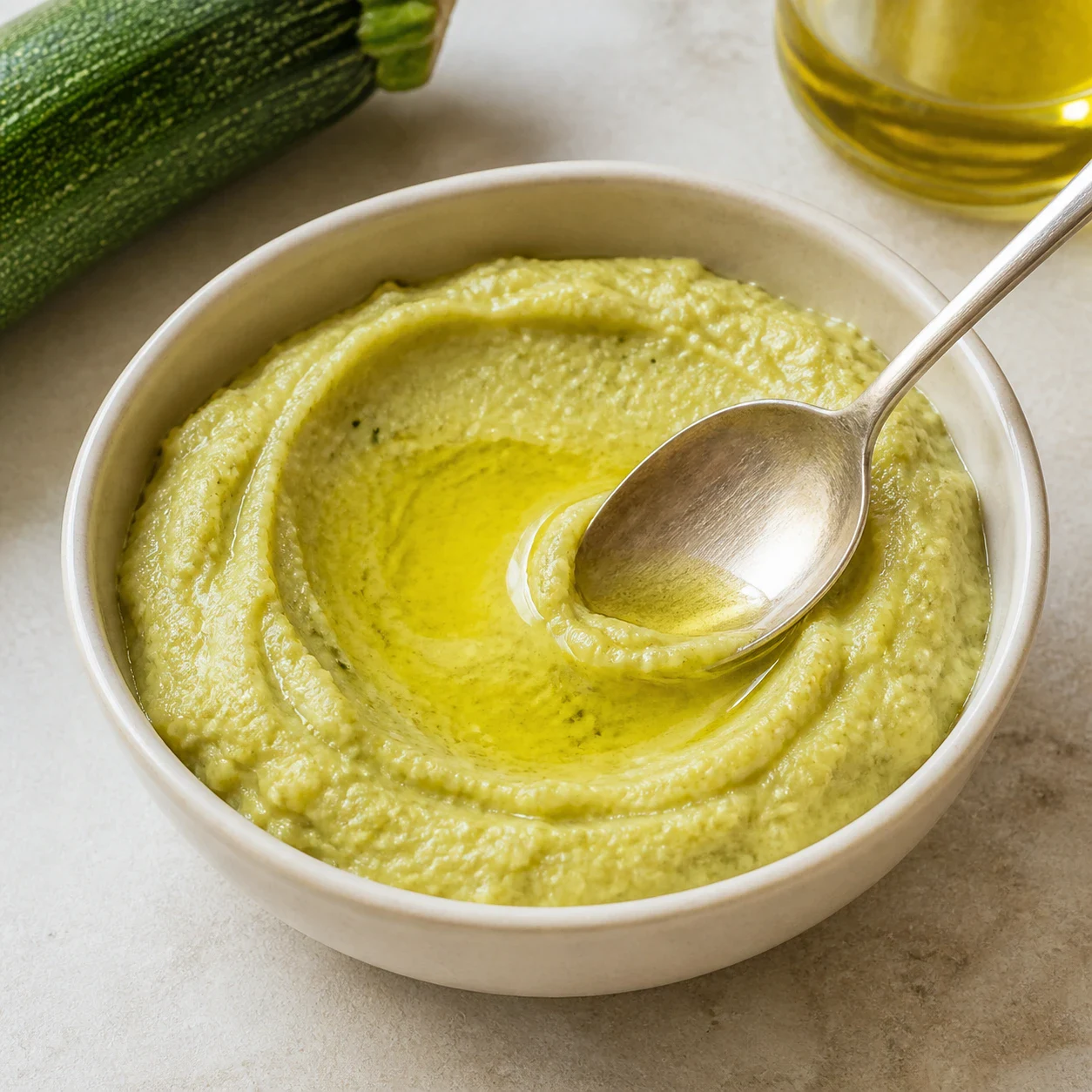 Caviar de courgettes vert doré pâle dressé dans un petit bol en céramique claire, surface lissée à la cuillère, filet d'huile d'olive brillant au centre, cuillère plantée dedans, gros plan. Aucune herbe fraîche, aucune graine, aucune main, aucun texte, aucune marque.