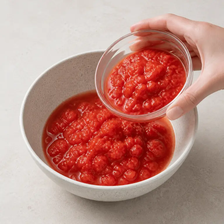 Gros plan pédagogique du geste en cours : mesure 200 g de tomate concassée ; elle est déjà découpée et ne doit pas être recoupée. Montrer uniquement cet ingrédient et l'ustensile nécessaire.