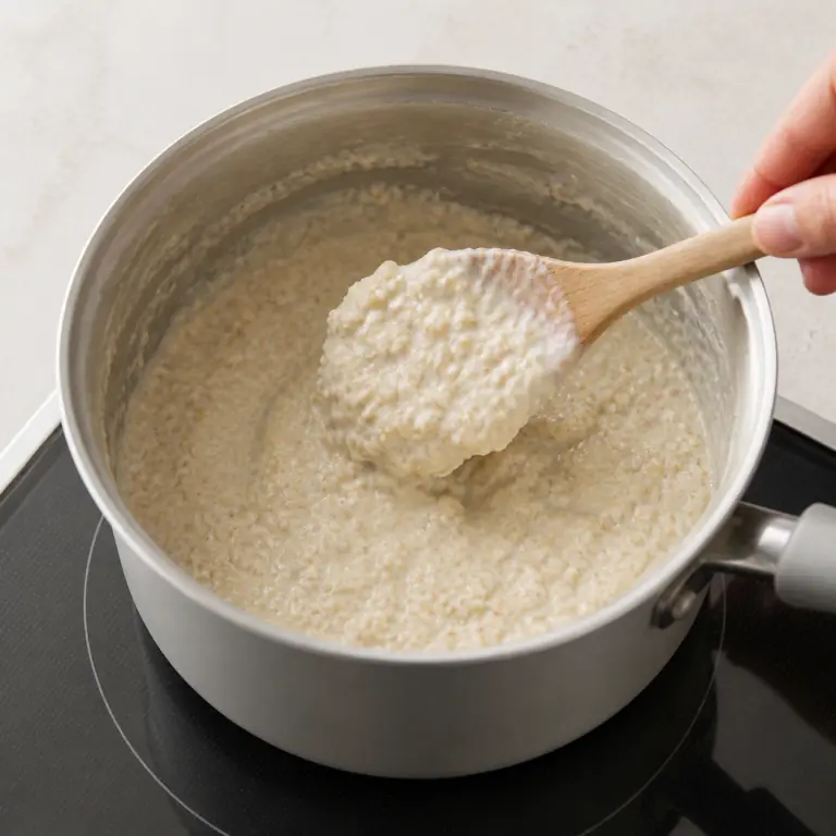 Une base d'avoine et soja très épaisse dans une casserole, sans garniture.
