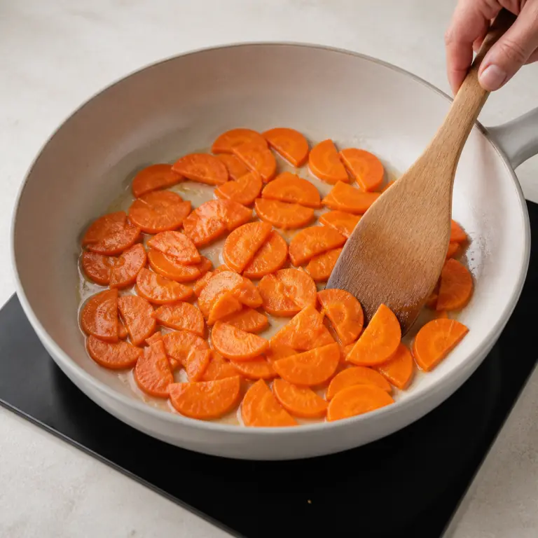 Gros plan pédagogique de fais revenir les demi-rondelles de 150 g de carotte jusqu'à ce qu'elles soient tendres mais encore nettes. Montrer le récipient exact, une main adulte avec l'ustensile adapté et la couleur ou texture qui prouve la cuisson. Aucun autre aliment ne doit masquer le résultat.