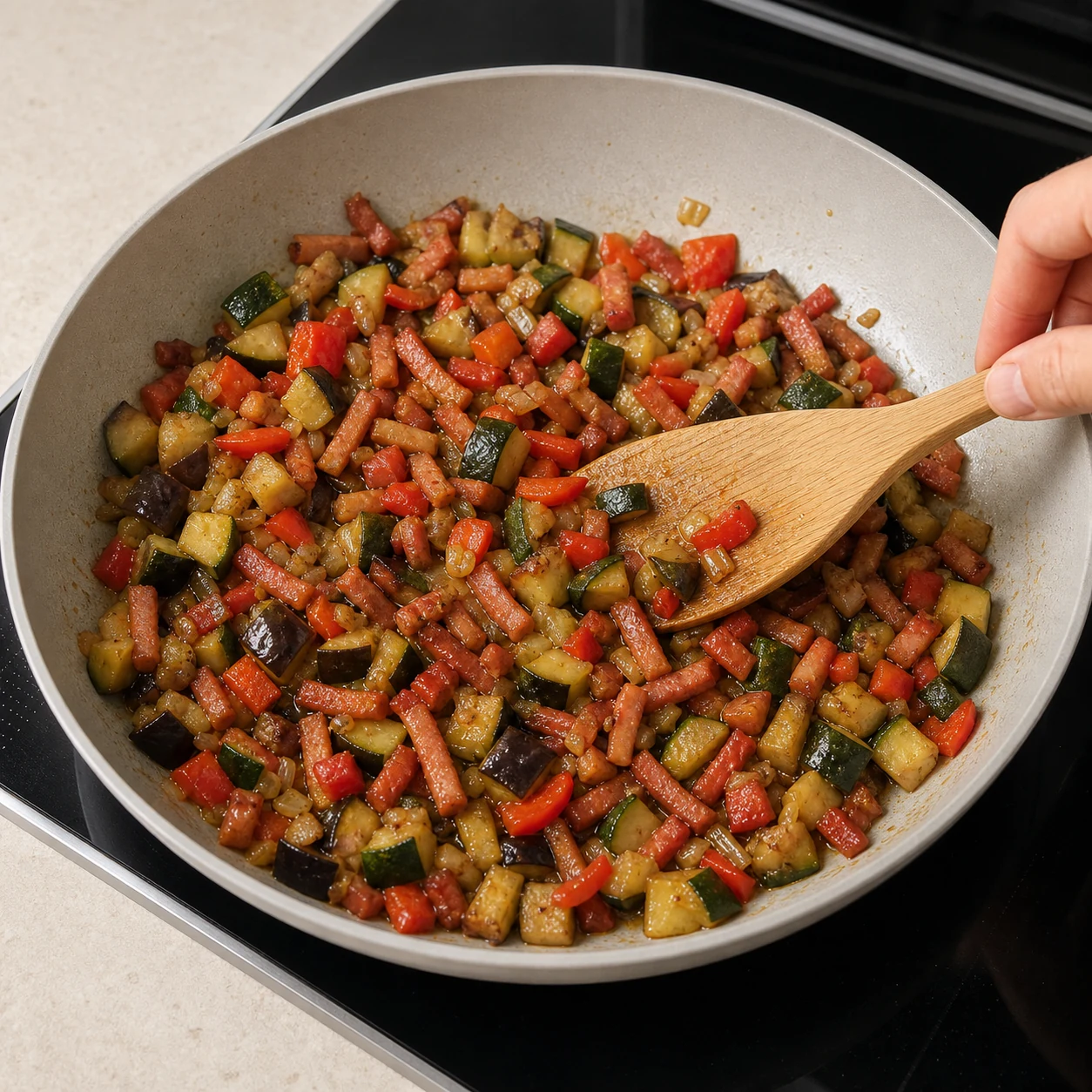 Bol ratatouille-lardons-riz — chauffer la garniture