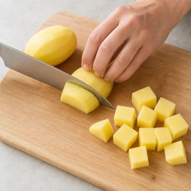Gros plan pédagogique d'une main adulte qui épluche 250 g de pommes de terre, stabilise chaque pomme de terre sur une face plate puis coupe-la en cubes réguliers de 2 cm, avec lame visible, doigts en griffe, portion intacte et morceaux finis de taille lisible. Aucun autre aliment sur la planche.