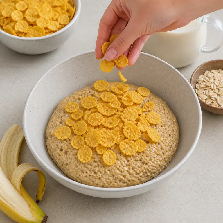 Un pancake bowl d'avoine-banane clairement cuit et moelleux, surmonté uniquement de corn flakes croustillants, sans rondelles de banane ni autre garniture.