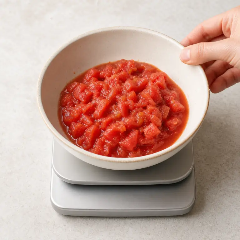 Gros plan pédagogique du geste en cours : mesure 200 g de tomate concassée ; elle est déjà découpée et ne doit pas être recoupée. Montrer uniquement cet ingrédient et l'ustensile nécessaire.