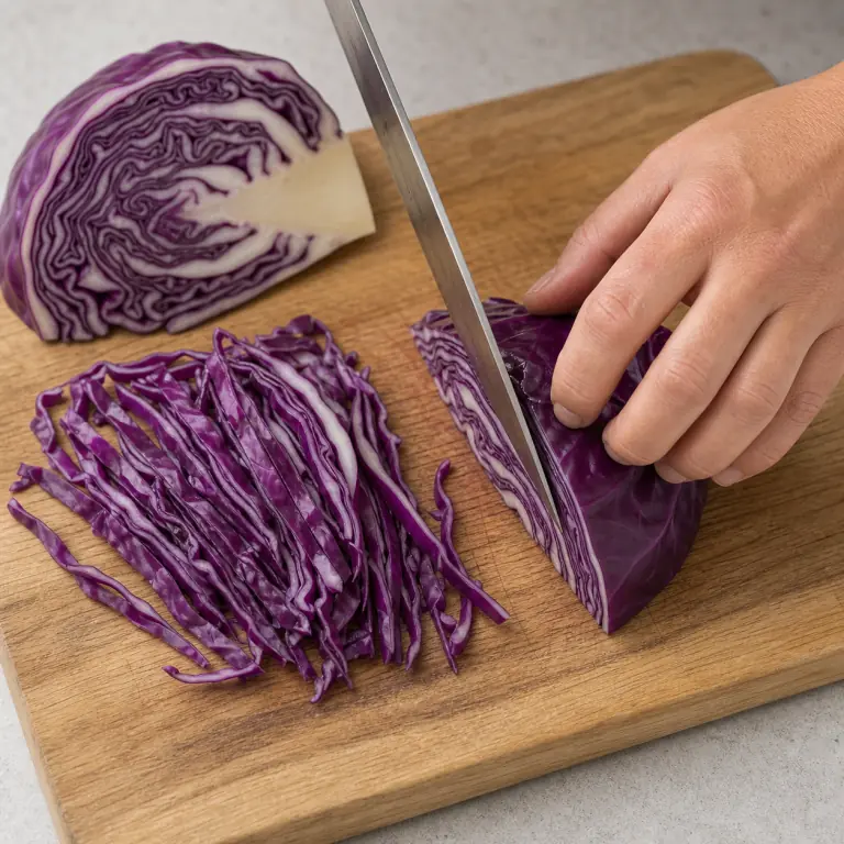 Gros plan pédagogique d'une main adulte qui retire le cœur dur de 120 g de chou rouge, pose le quartier sur sa face plate puis émince-le en lanières fines de 3 à 5 mm, avec lame visible, doigts en griffe, portion intacte et morceaux finis de taille lisible. Aucun autre aliment sur la planche.